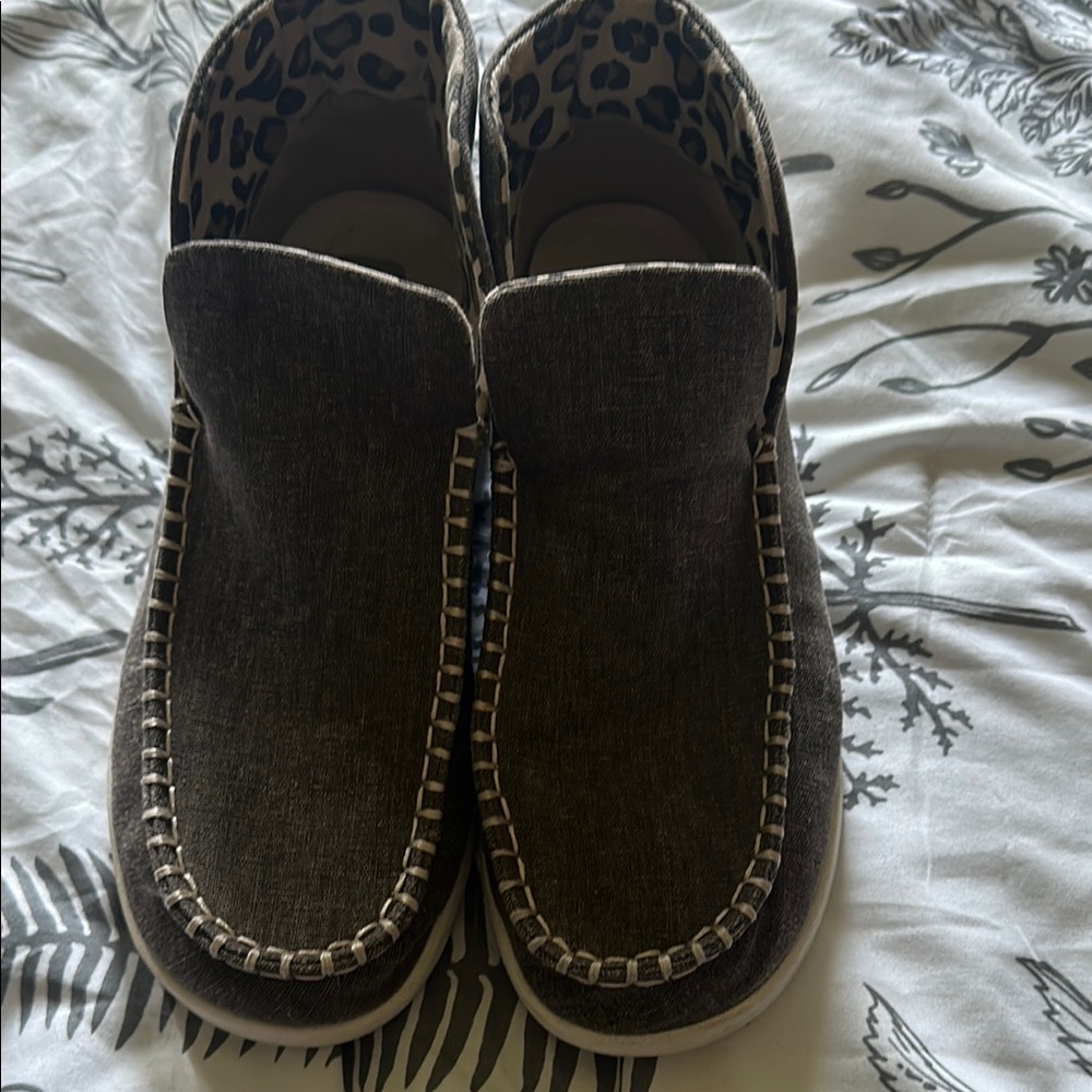 Hey Dude Brown Moccasins with Leopard Print